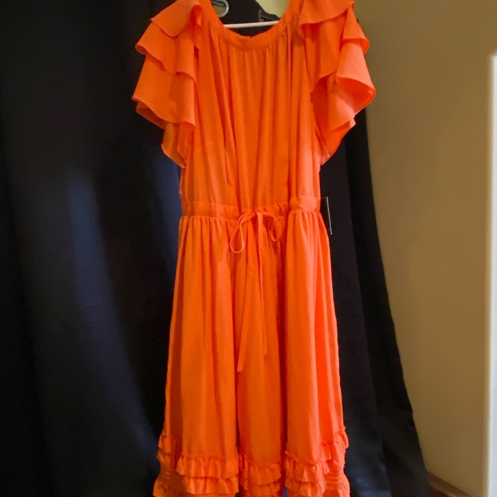 Eloquii Orange Ruffled Pin Tuck Fit & Flare Midi Dress